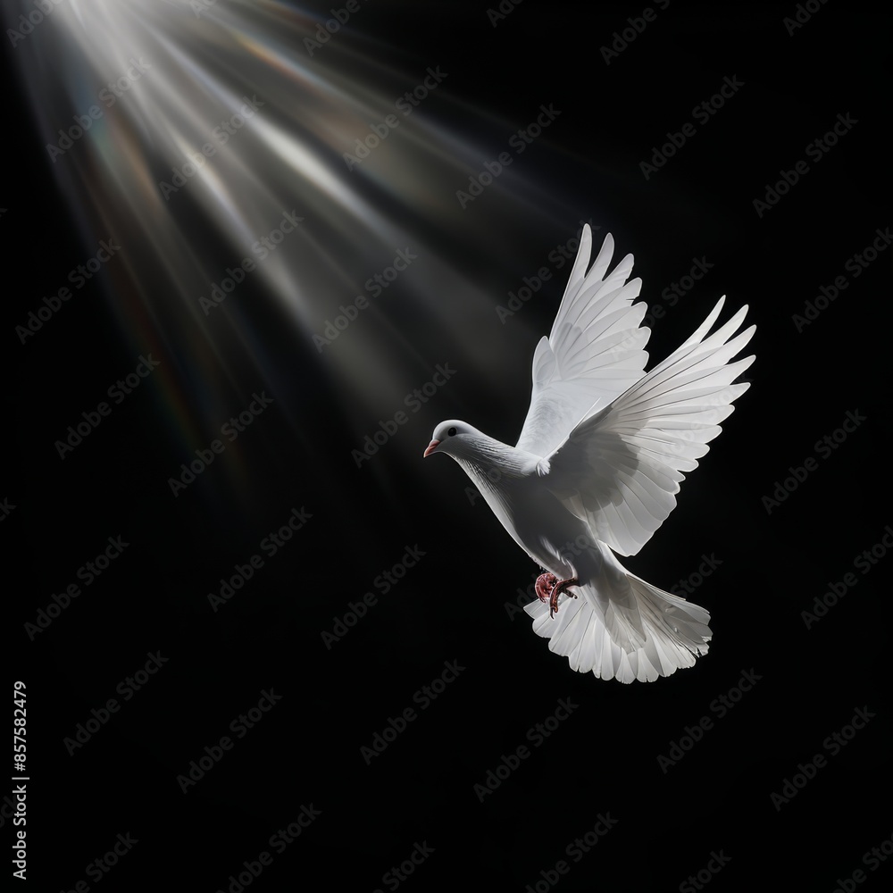 Obraz premium White doves with olive branches flying under the divine light