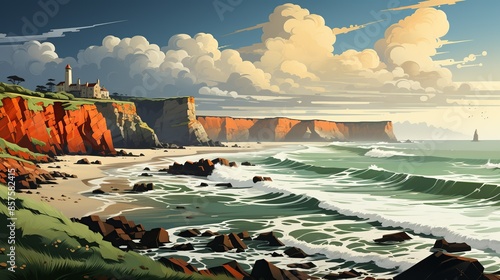 A rugged coastline with dramatic cliffs and crashing waves, showcasing the raw power and beauty of the ocean against a backdrop of stormy skies. Illustration, Minimalism,