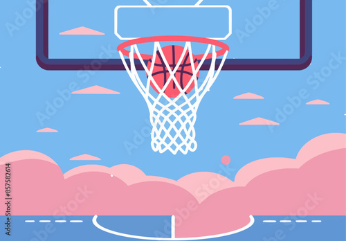 Basketball going through hoop with pink clouds in background. Olympics in France 2024.