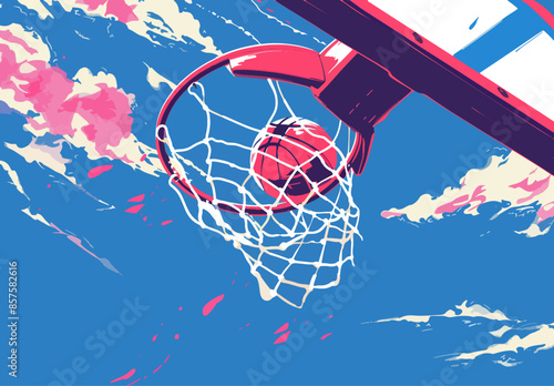 Basketball falling into hoop with pink clouds in background. Olympics in France 2024.