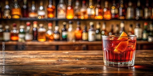 Classic negroni cocktail on a wooden bar counter, cocktail, drink, bar, alcohol, beverage, classic, negroni, glass, garnish photo