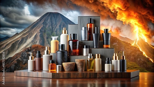 Product display stand with volcanic background featuring beauty and grooming products for men , volcano, rock, lava