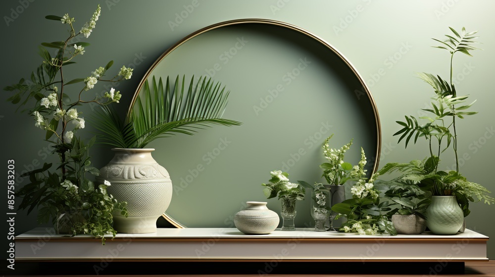 A soft green podium, adorned with delicate vines and small white butterflies, creating a light and airy nature-inspired setting. Illustration, Minimalism, A soft green podium, adorned with delicate vines and small white butterflies, creating a light and airy nature-inspired setting. Illustration, Minimalism,