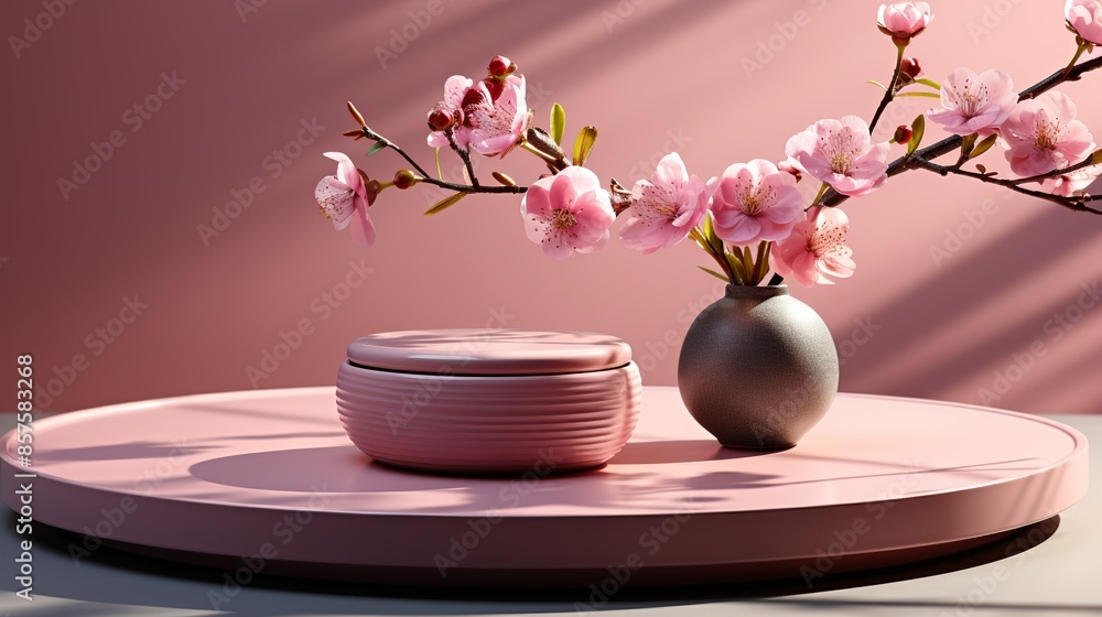 A blush pink podium, accompanied by small, budding rose flowers and a soft morning light casting gentle shadows. Illustration, Minimalism, A blush pink podium, accompanied by small, budding rose flowers and a soft morning light casting gentle shadows. Illustration, Minimalism,