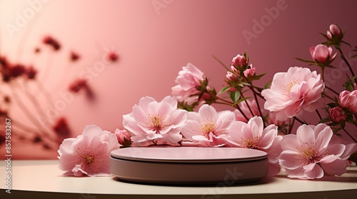 Wallpaper Mural A blush pink podium, accompanied by small, budding rose flowers and a soft morning light casting gentle shadows. Illustration, Minimalism, Torontodigital.ca