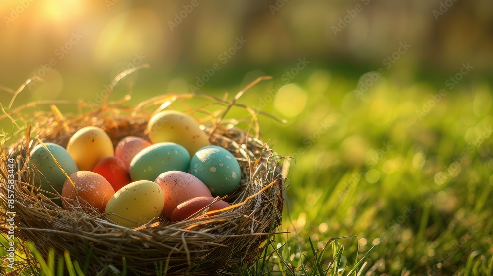 Nest with easter eggs in grass on a sunny spring day Nest with easter eggs in grass on a sunny spring day