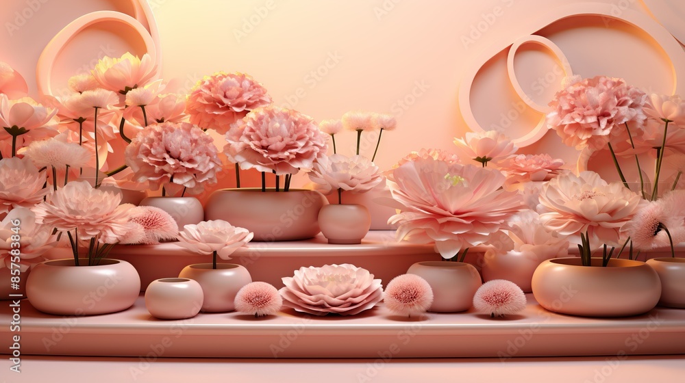 A pale peach podium, surrounded by delicate, soft petals of various pastel colors, creating a dreamy, ethereal feel. Illustration, Minimalism, A pale peach podium, surrounded by delicate, soft petals of various pastel colors, creating a dreamy, ethereal feel. Illustration, Minimalism,
