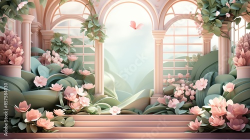 A pastel mint podium, adorned with delicate morning glories and a light mist, creating a dreamy and serene ambiance. Illustration, Minimalism, photo