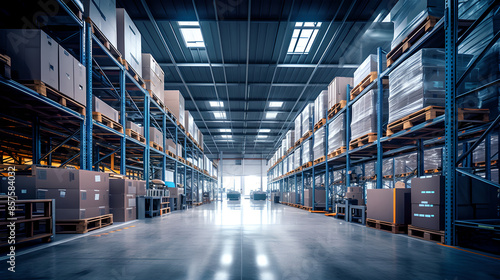 Spacious industrial warehouse with high shelves stocked with boxes, bathed in bright light from skylights. Concept of storage, logistics, and supply chain management. 