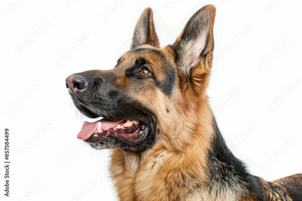 Majestic German Shepherd Dog with Tongue Out Posing in Studio Against White Background Majestic German Shepherd Dog with Tongue Out Posing in Studio Against White Background