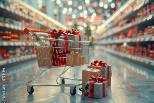 Celebrate the holiday season with festive shopping in a bustling supermarket aisle adorned with cheerful decorations and joyful Christmas gifts, adding merriment to your seasonal celebrations photo