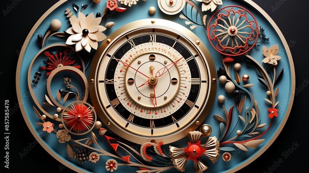 Obraz premium An intricate paper design of a molecular clock with geometric shapes, illustrating the precision and timing in biotechnological processes. Illustration, Minimalism,