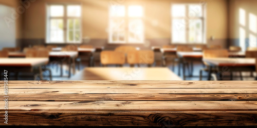 A classroom with wooden empty desks and chairs. The room is empty and the sunlight is shining through the windows