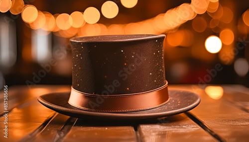 Silk hat, wooden stand, brown, formal, glitter, lamé, party, leather, close-up photo