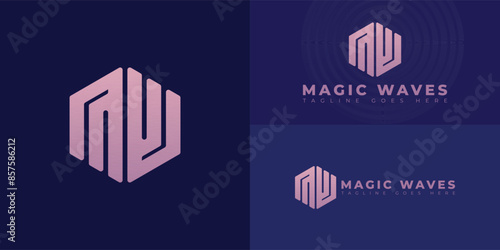 Abstract initial hexagon letters MW or WM logo in pink color isolated on multiple background colors. The logo is suitable for blockchain marketing agency logo vector design illustration inspiration