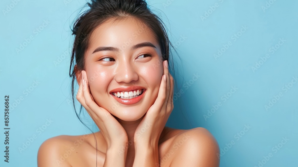 A woman with a beautiful smile is applying makeup to her face. Generate AI image A woman with a beautiful smile is applying makeup to her face. Generate AI image