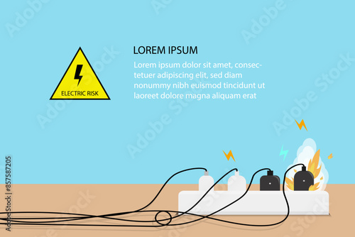 Electric risk burn. Overload plug in power outlet in. caution and warning Danger electricity illustration vector EPS 10. 