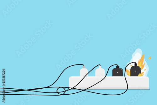 Electric risk burn. Overload plug in power outlet in. caution and warning Danger electricity illustration vector EPS 10. 