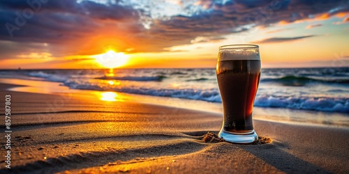 Glass of dark beer on a sandy beach at sunset with copy space, beer, dark, glass, sandy beach, sunset, copy space, relaxation photo