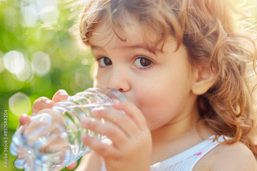 Little girl drinking water from a bottle on a very hot day. Concept of summer heat. Little girl drinking water from a bottle on a very hot day. Concept of summer heat.