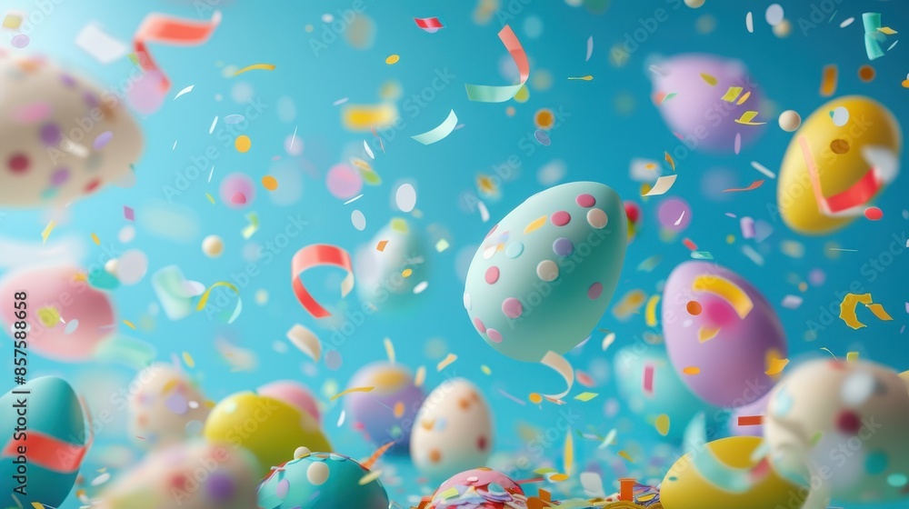 Fototapeta premium Easter eggs falling through the air with confetti