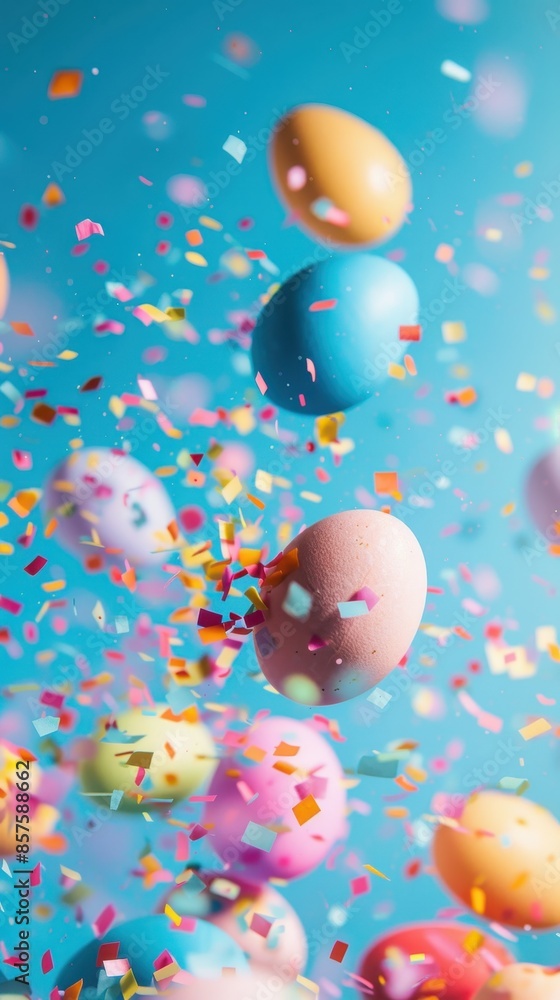 Fototapeta premium Easter eggs falling through confetti