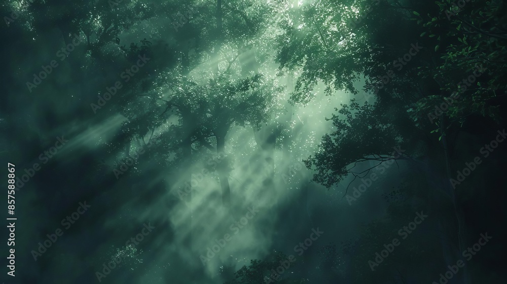 Fototapeta premium Mystical fog enveloping a dark forest, with eerie light filtering through the trees