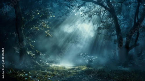 Mystical fog enveloping a dark forest, with eerie light filtering through the trees