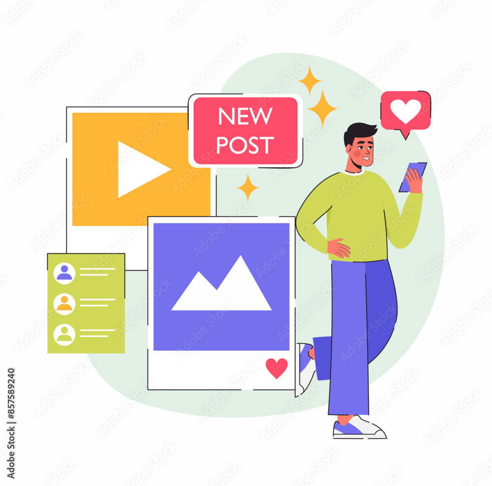 The user creates marketing content. Flat vector illustration. The user creates marketing content. Flat vector illustration.