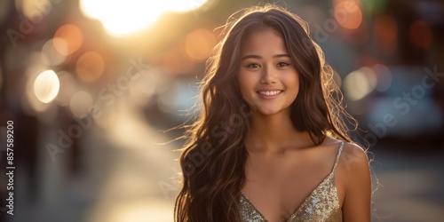 Smiling Woman in Sparkling Dress at Sunset 