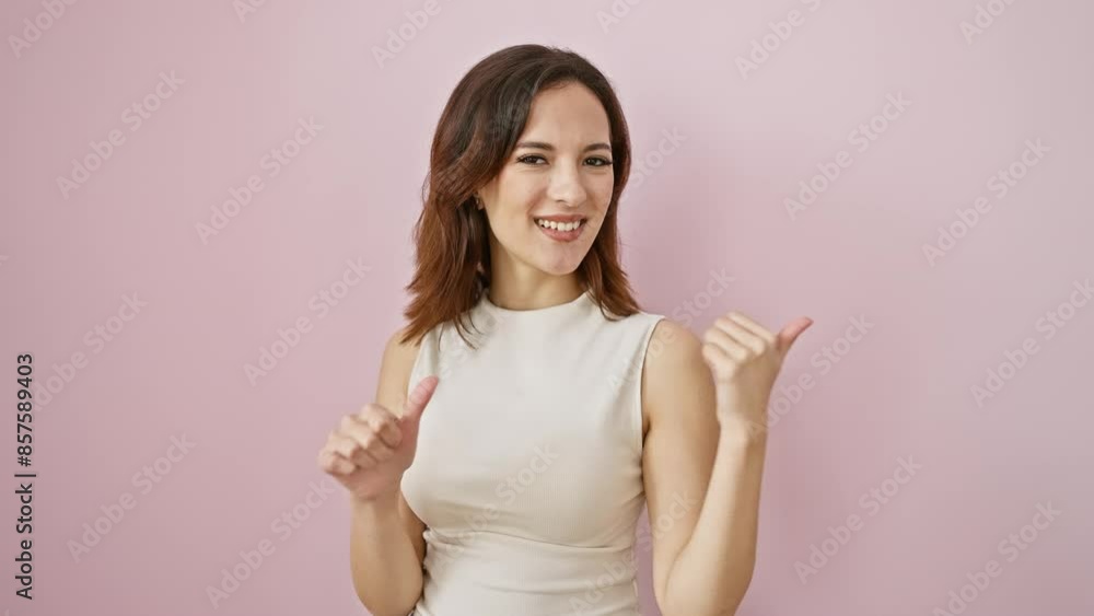 Smiling beautiful young hispanic woman confidently pointing behind her back, thumbs up, standing in sleeveless t-shirt over isolated pink background Smiling beautiful young hispanic woman confidently pointing behind her back, thumbs up, standing in sleeveless t-shirt over isolated pink background