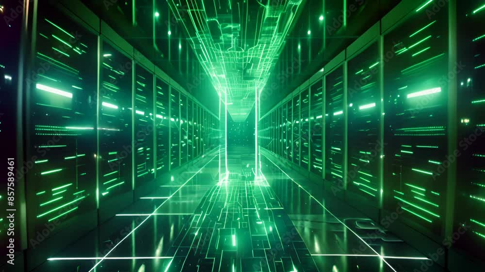 High-tech data center featuring rows of servers with glowing green circuitry and digital pathways High-tech data center featuring rows of servers with glowing green circuitry and digital pathways