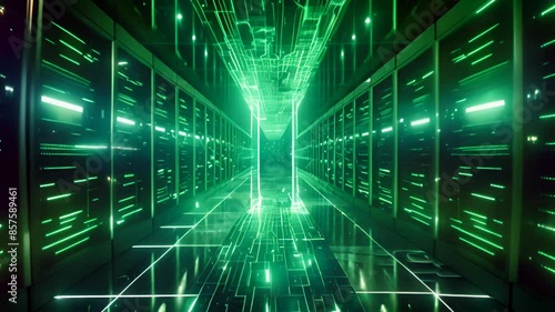 High-tech data center featuring rows of servers with glowing green circuitry and digital pathways