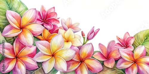Plumeria flowers blooming in watercolor style, plumeria, fragrant, tropical, exotic, bloom, petals, white, yellow