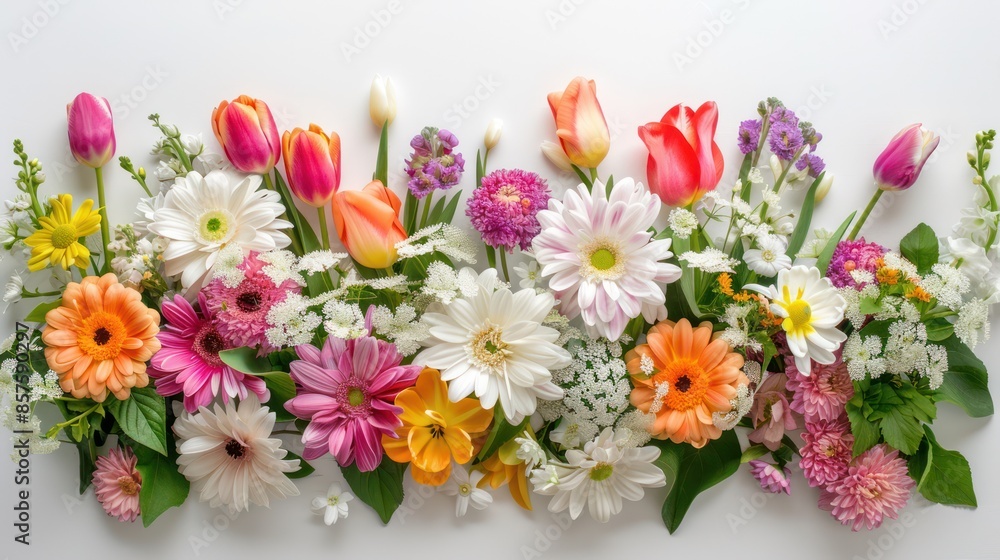 Obraz premium Blooming flowers and green leaves isolated on white background