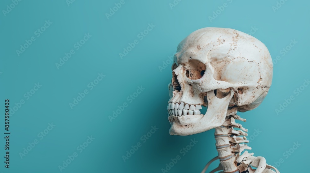 A human skull with visible teeth and spine, facing left, against a blue background.