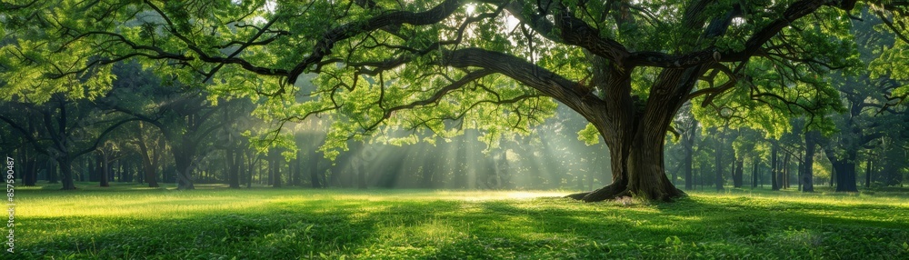 Fototapeta premium A large oak tree stands tall in a green forest. Sunlight filters through the leaves, creating a peaceful scene.