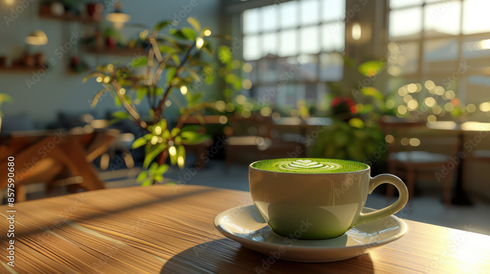 Cozy Coffee Shop with Sunlit Interior Featuring a Cup of Fresh Matcha Latte on Wooden Table Surrounded by Green Plants and Relaxing Atmosphere in Natural Light Cozy Coffee Shop with Sunlit Interior Featuring a Cup of Fresh Matcha Latte on Wooden Table Surrounded by Green Plants and Relaxing Atmosphere in Natural Light