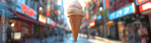 Delicious Ice Cream Cone Floating in Air with a Blurred Urban Street Background, Highlighting a Blend of Vibrant City Life with the Joy of Summer Treats photo