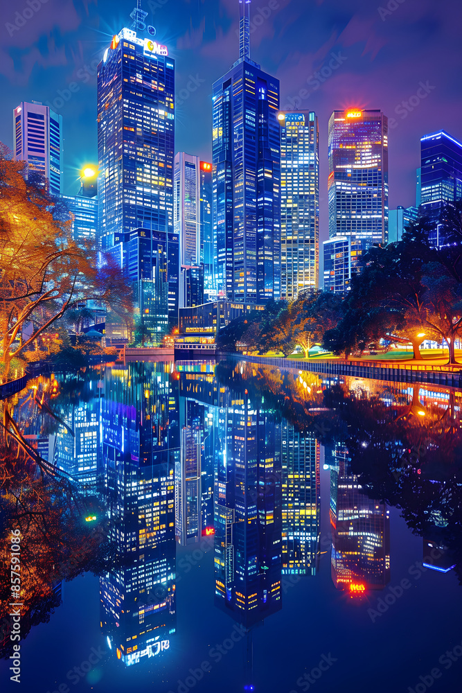Fototapeta premium Urban Nightscape: A Glimpse into the Vibrant Life and Tranquil Moments of a Glowing Metropolis