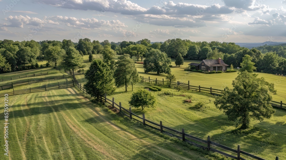 Fototapeta premium Aerial view of large cattle farm with green grass and wooden fence