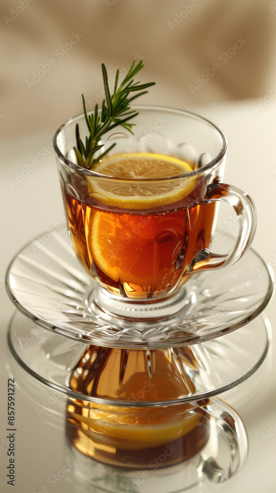Exquisite Herbal Tea with Lemon Slice and Fresh Rosemary Garnish in a Clear Glass Cup and Saucer Reflecting Artistic Ambiance and Elegance for a Refreshing and Invigorating Beverage Experience Exquisite Herbal Tea with Lemon Slice and Fresh Rosemary Garnish in a Clear Glass Cup and Saucer Reflecting Artistic Ambiance and Elegance for a Refreshing and Invigorating Beverage Experience