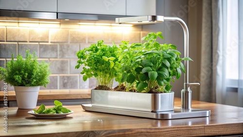 LED-lit hydroponic herb garden on kitchen countertop nurturing basil, mint, and parsley in water solution, LED © tammanoon