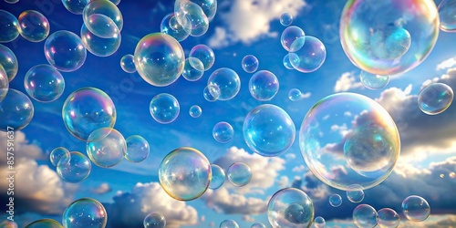 Bubble inflating each other with mini bubbles, against a refraction blue sky background, bubble, inflate, mini, refraction, blue photo