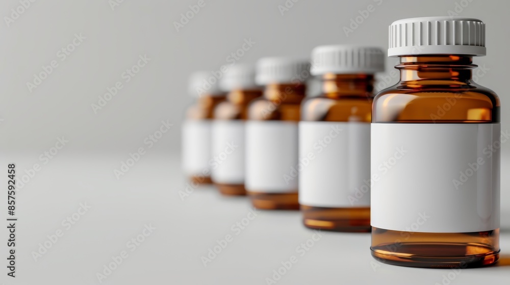 Five amber glass bottles with white labels, lined up on a white surface. Five amber glass bottles with white labels, lined up on a white surface.