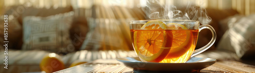 Warm and Inviting Cup of Steaming Hot Tea with Fresh Lemon Slices on a Cozy Sunlit Table Setting for a Relaxing Afternoon Beverage Experience in a Peaceful Home Environment