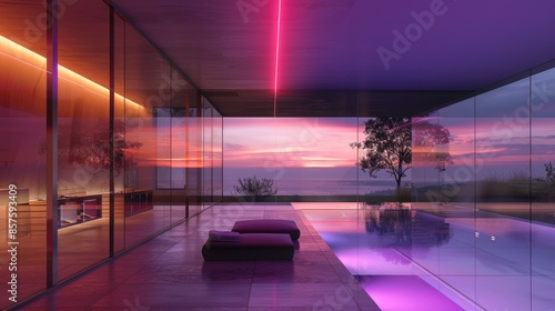 Modern villa with glass and wood sauna lit by colored LEDs and unoccupied photo