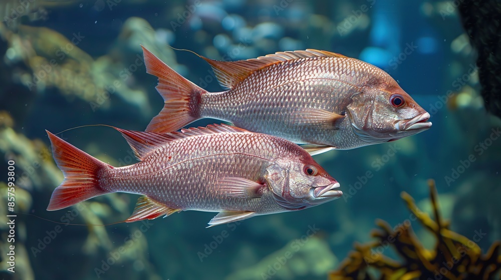 Two Red Snapper Fish Swimming in a Marine Aquarium Two Red Snapper Fish Swimming in a Marine Aquarium