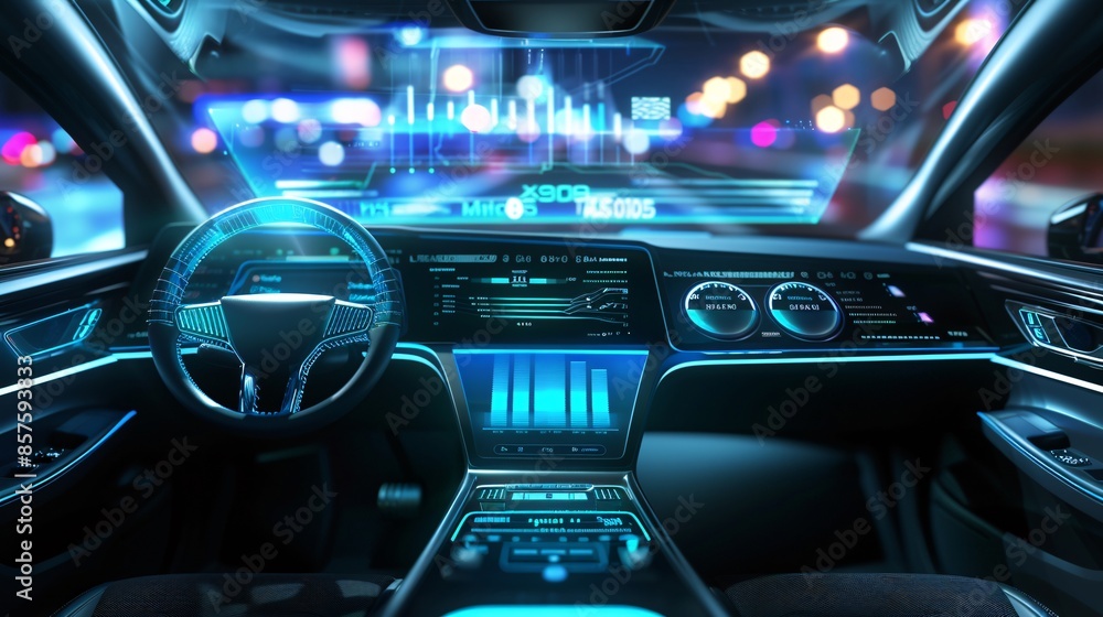 Autonomous car dashboard with HUD and hologram screens in a wide banner. Autonomous car dashboard with HUD and hologram screens in a wide banner.