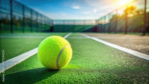 A tennis ball lying on a green court , sports, tennis, ball, court, sport equipment, competition, game, outdoor, green, yellow
